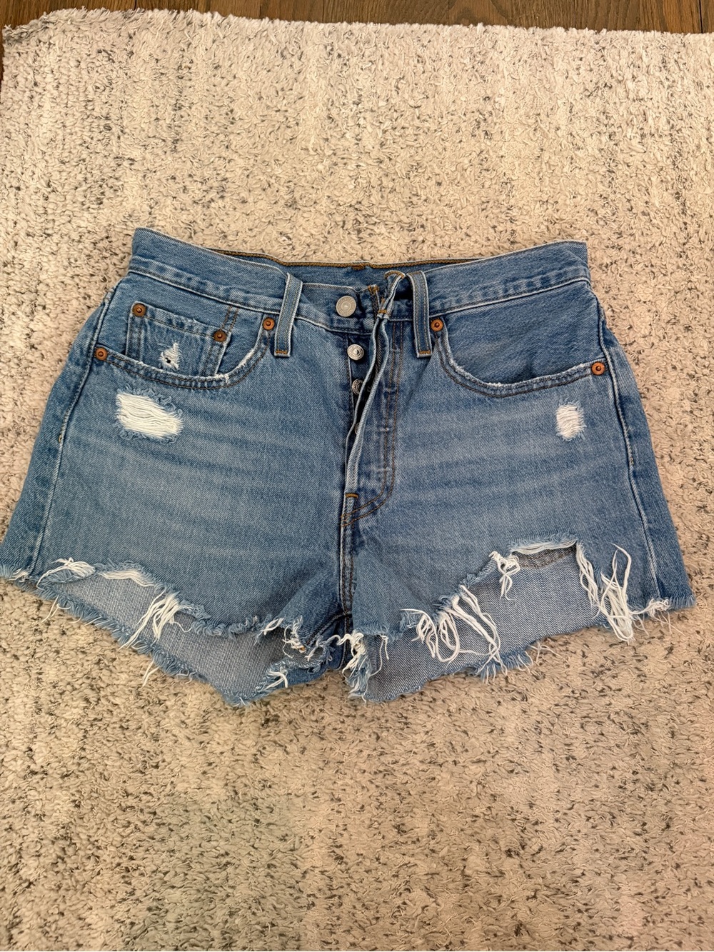 Levi’s Frayed High-Rise Distressed Denim Shorts - Light Blue